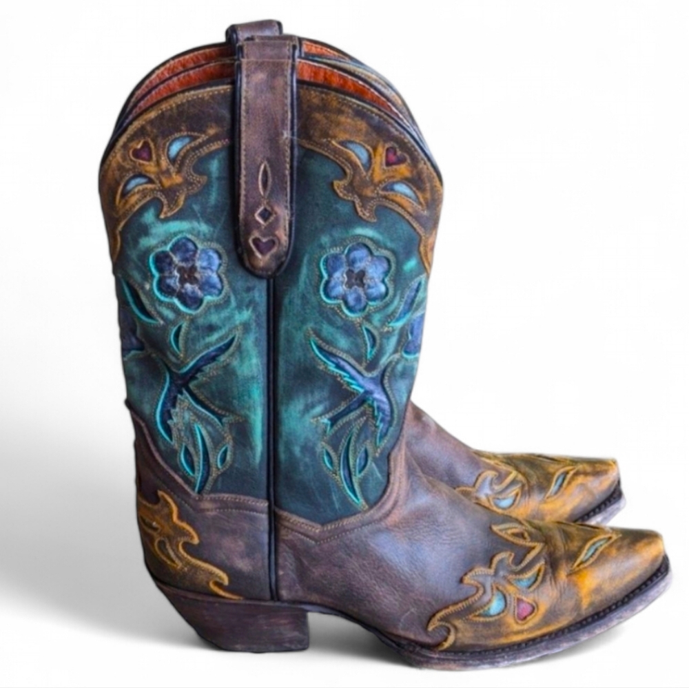 DAN POST Nashville Bluebird Tooled Leather Cowgirl Vintage Boots Women's Sz 9